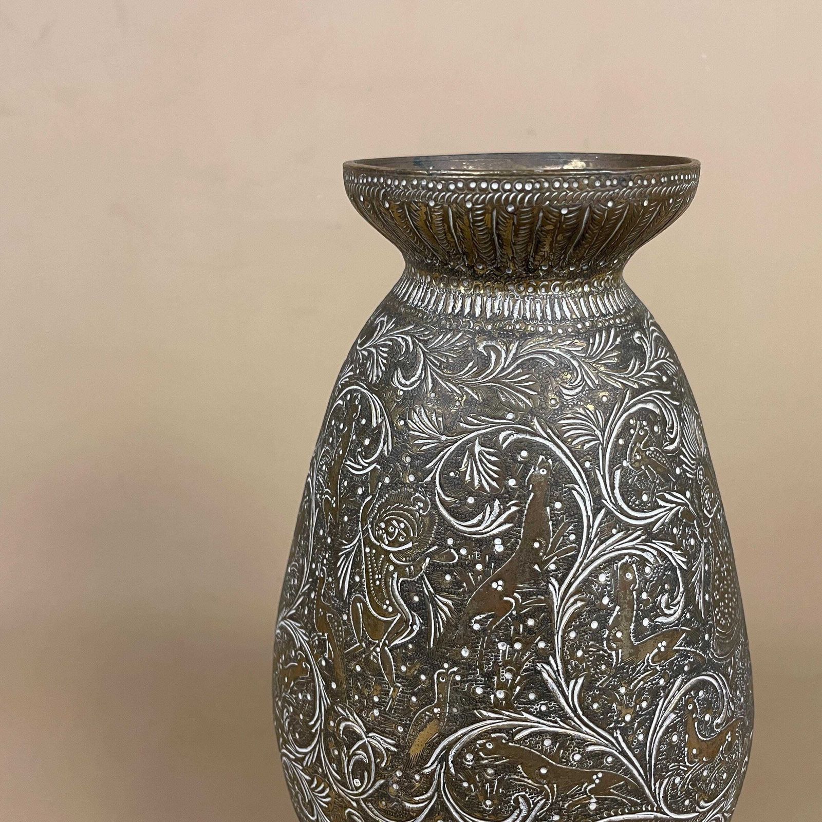 Antique Metal Gold Indian Patterned Brass Plant Pot Vase Jug Planter Jardiniere Handmade Engraved Etched Intricate Vintage Decorative Asian photo for sale