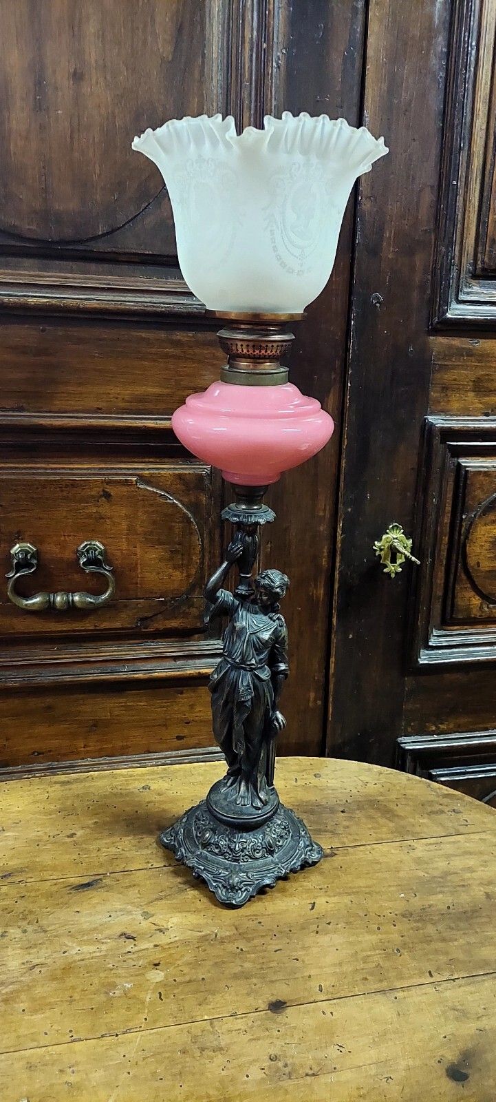 photo for sale Antique Oil Light 19th Century Antimony Opalescent Glass Lamp