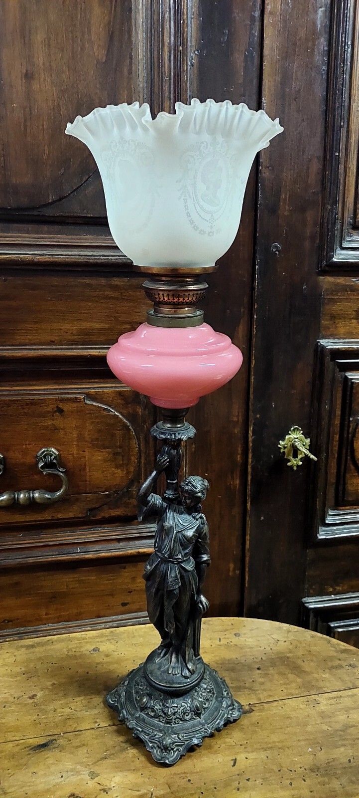 Lighting Antique Oil Light 19th Century Antimony Opalescent Glass Lamp photo