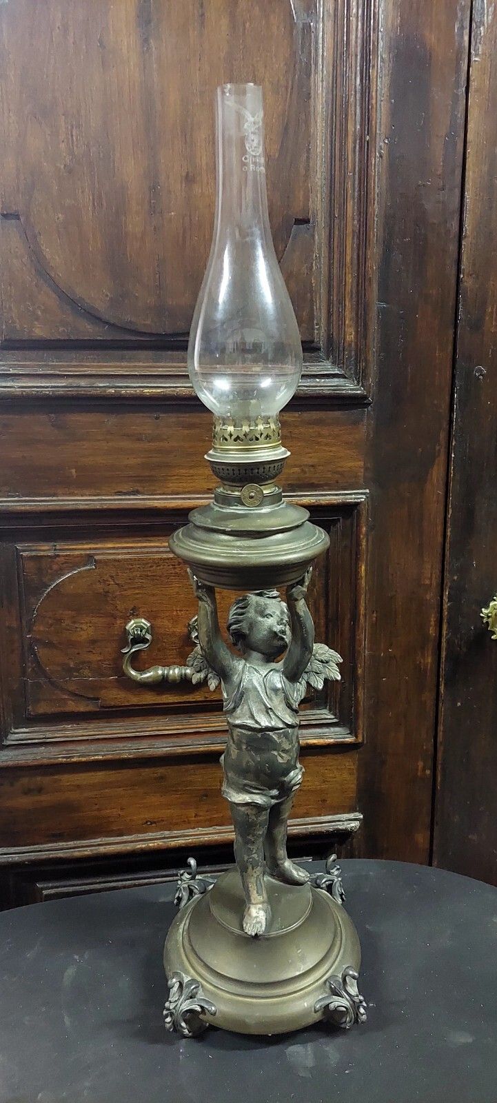 photo furniture Antique Putto Oil Light 19th Century Antimony Brass Glass