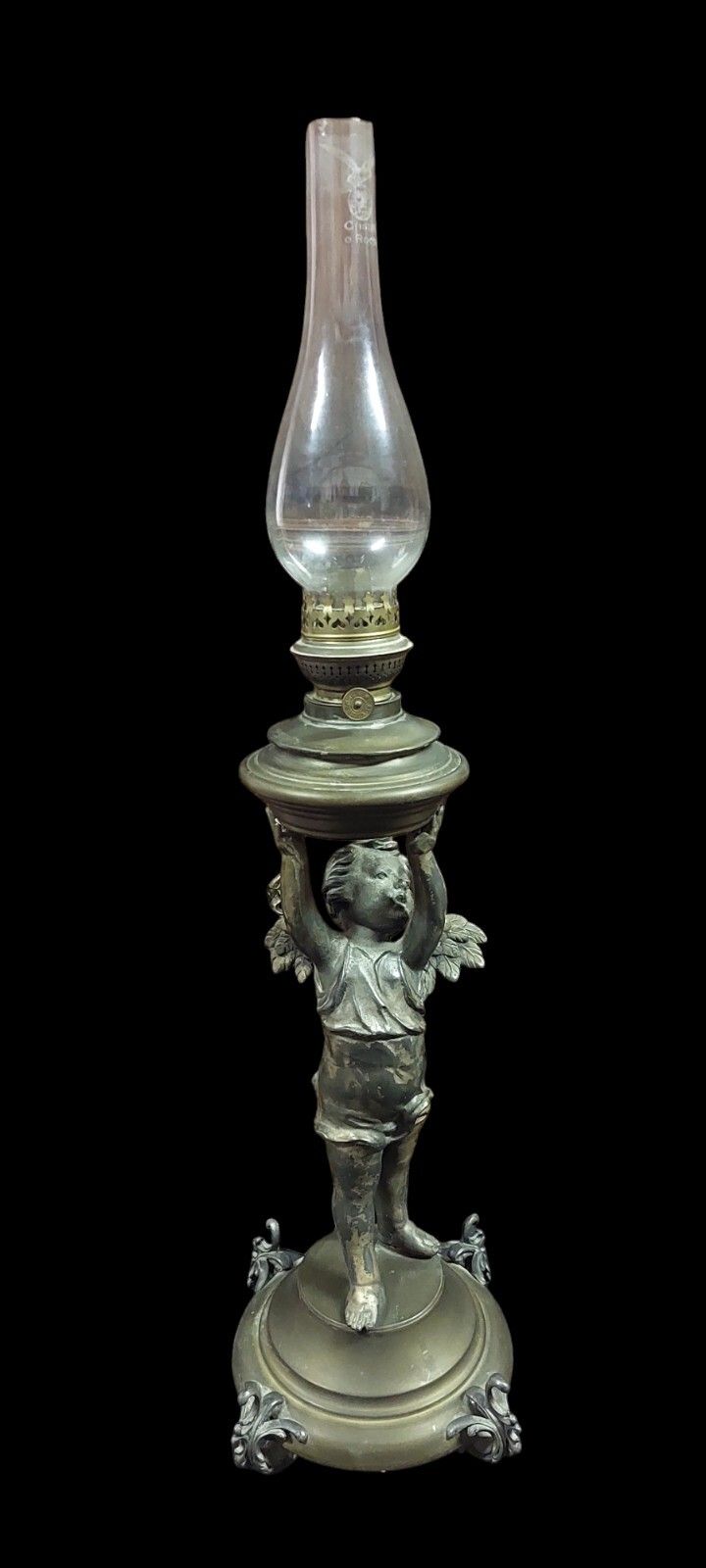 photo buy Antique Putto Oil Light 19th Century Antimony Brass Glass