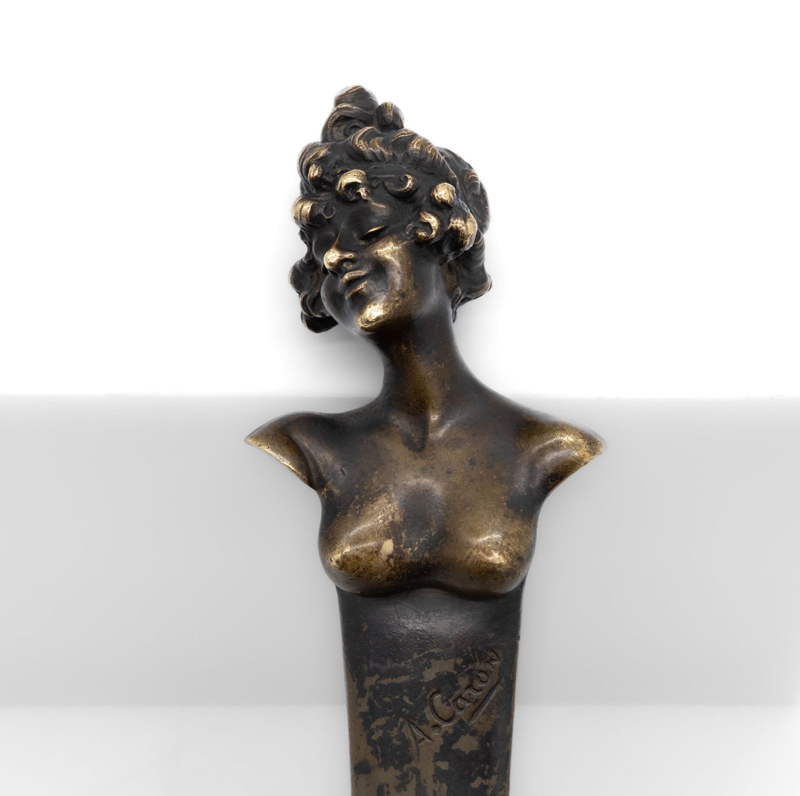 Art Nouveau Bronze Paper Knife Page Turner With Female Bust By Alexandre Caron Circa 1900