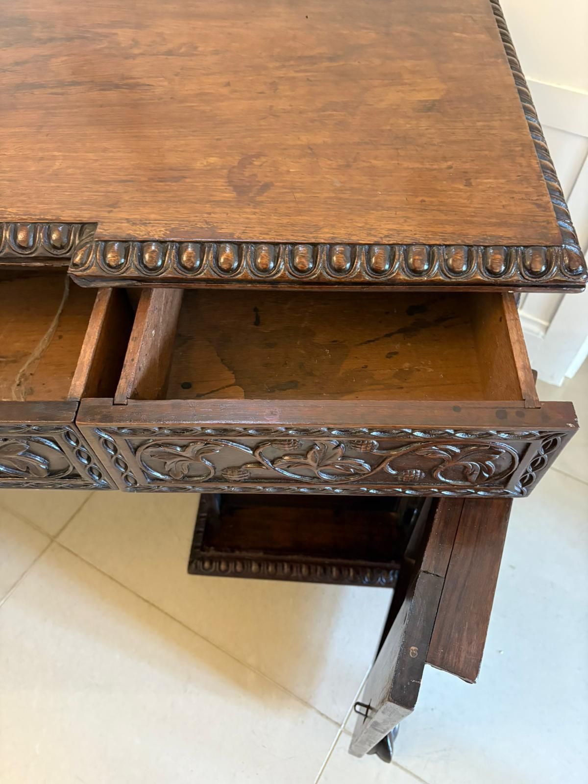 Antique Ornate Small Carved Anglo Indian Padauk Inverted Breakfront Pedestal Sideboard photo furniture