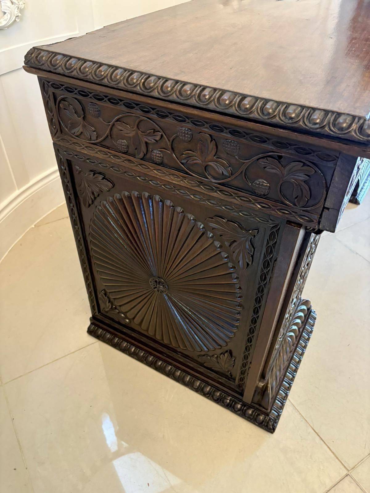 4295.0 Antique Ornate Small Carved Anglo Indian Padauk Inverted Breakfront Pedestal Sideboard photo