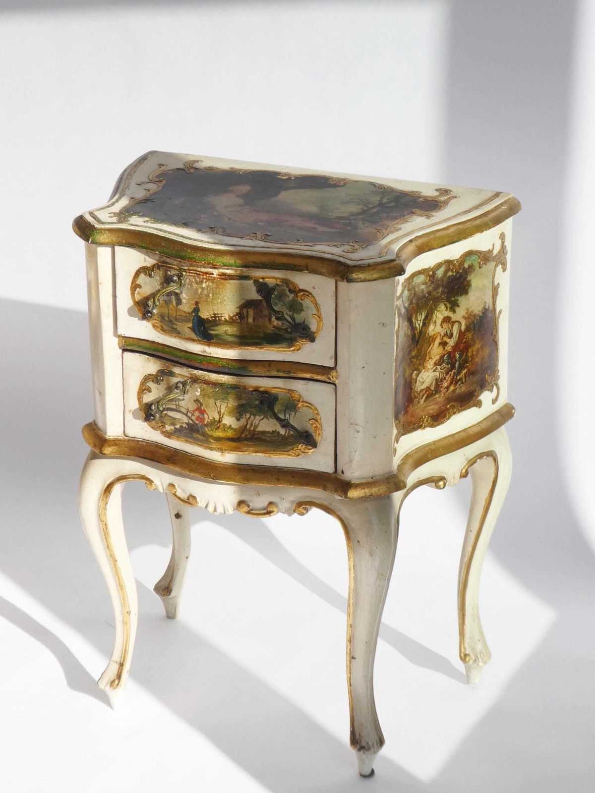 Vintage Set Baroque Nightstands With Romantic Scenes, Italian Wooden Bedside Tables, Beige And Golden Florentine Side Tables photo for sale