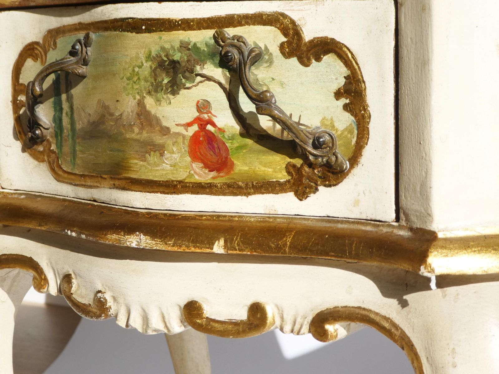 Vintage Set Baroque Nightstands With Romantic Scenes, Italian Wooden Bedside Tables, Beige And Golden Florentine Side Tables photo 2200.0