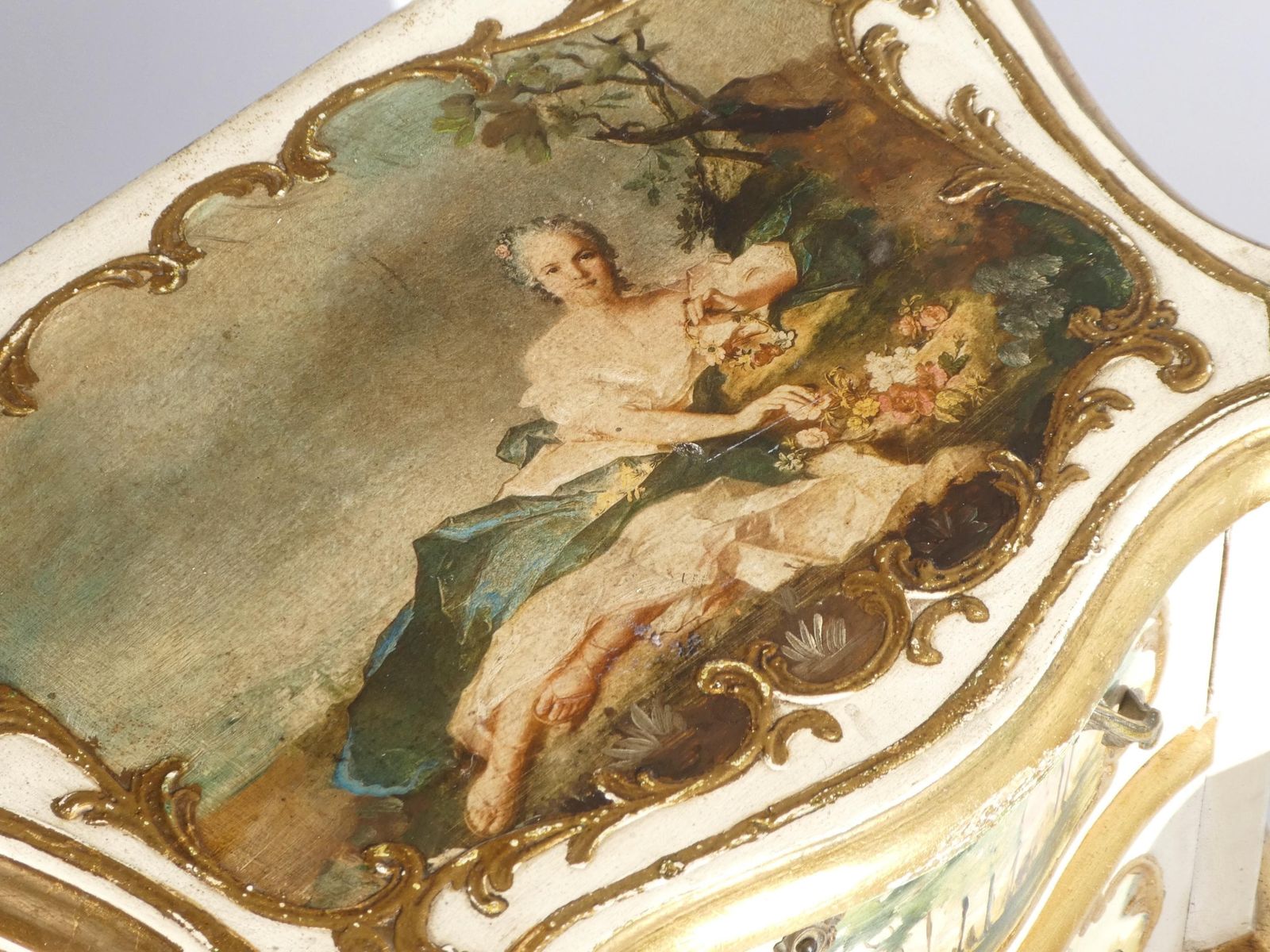 Vintage Set Baroque Nightstands With Romantic Scenes, Italian Wooden Bedside Tables, Beige And Golden Florentine Side Tables photo vintage