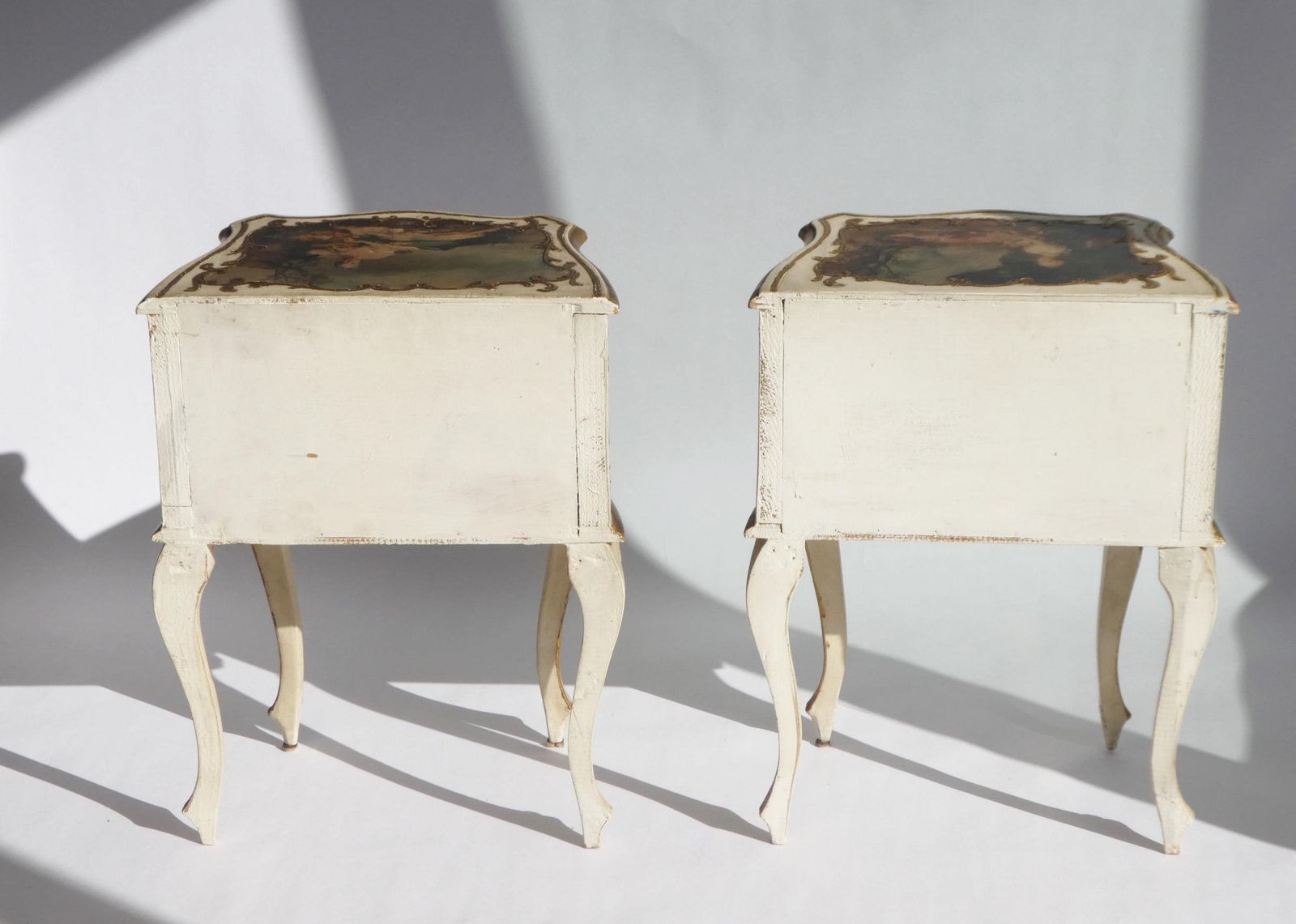 photo for sale Vintage Set Baroque Nightstands With Romantic Scenes, Italian Wooden Bedside Tables, Beige And Golden Florentine Side Tables