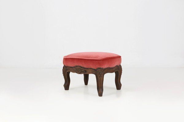 Baroque Ottoman In Carved Wood With Coral Velvet Upholstery, 1950s photo for sale