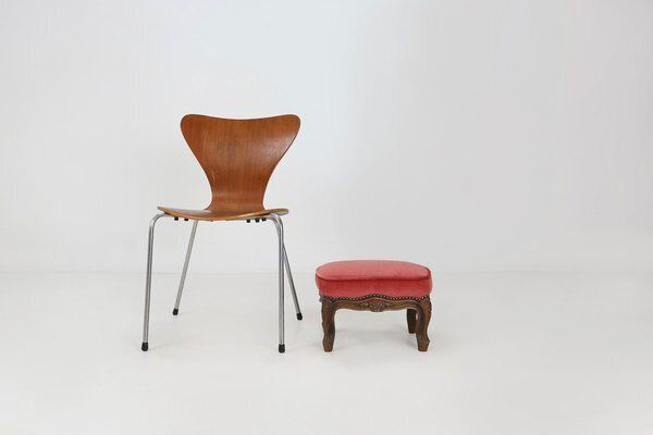 Baroque Ottoman In Carved Wood With Coral Velvet Upholstery, 1950s photo Furniture