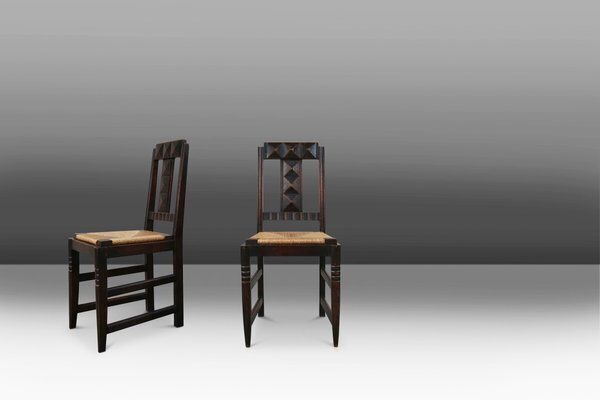photo furniture Art Deco Dining Chairs In Oak And Wicker Attributed To Victor Coutray, France, 1940s, Set Of 6