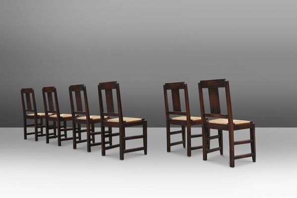 Furniture Art Deco Dining Chairs In Oak And Wicker Attributed To Victor Coutray, France, 1940s, Set Of 6 photo
