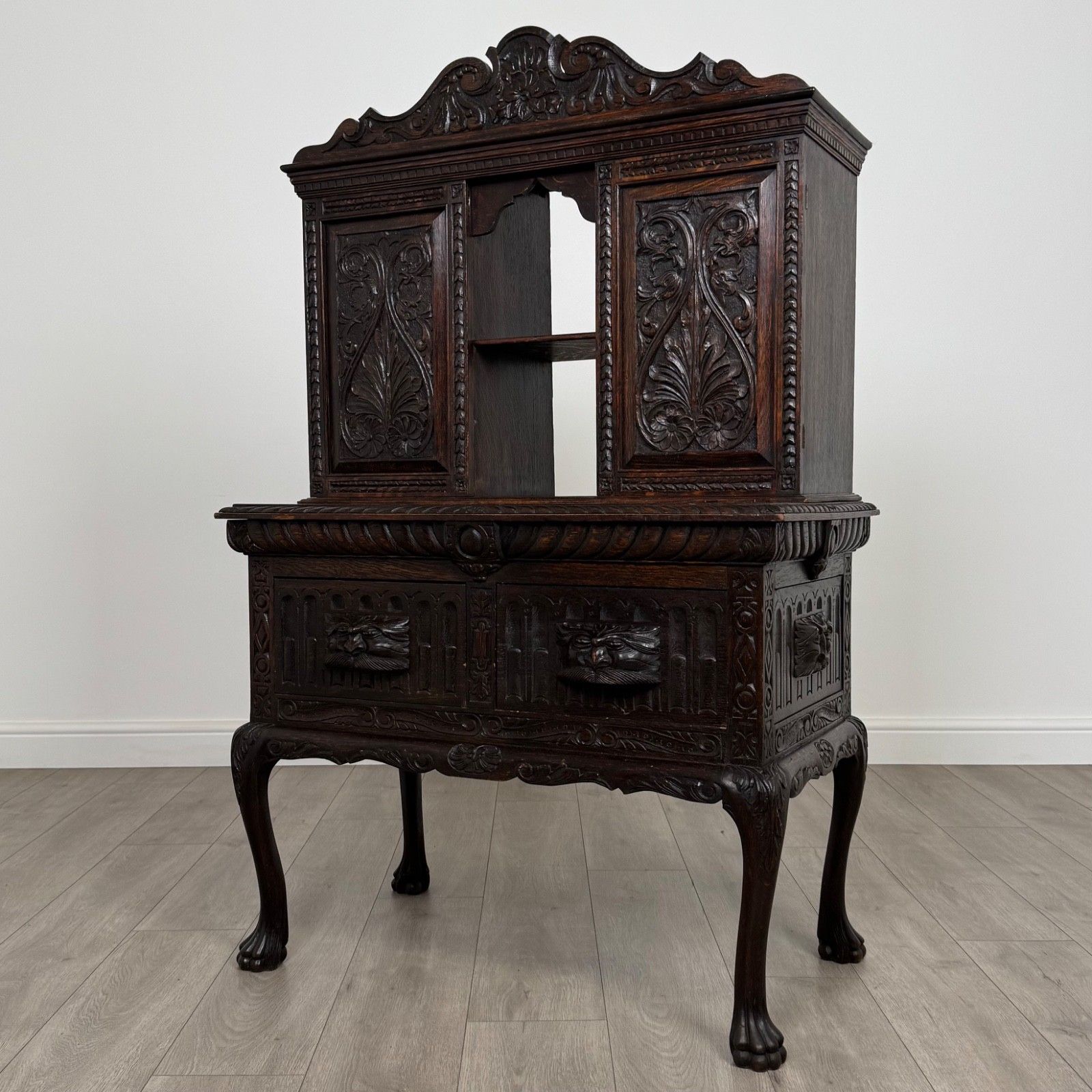 Antique 19th Century Heavily Carved Oak Cabinet photo for sale