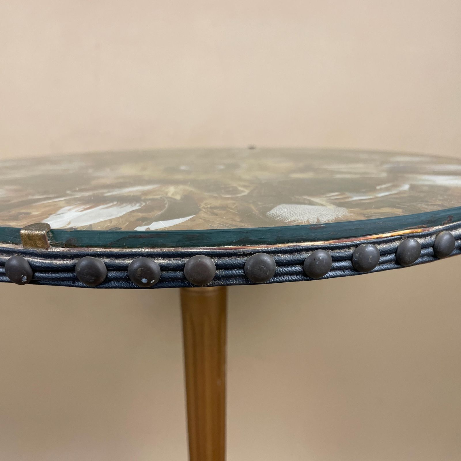 Vintage Round End Table Assorted Feathers Under Glass Top Brass Legs Circle Coffee Plant Stand Unusual Unique Interesting Bird Feathers photo vinterior