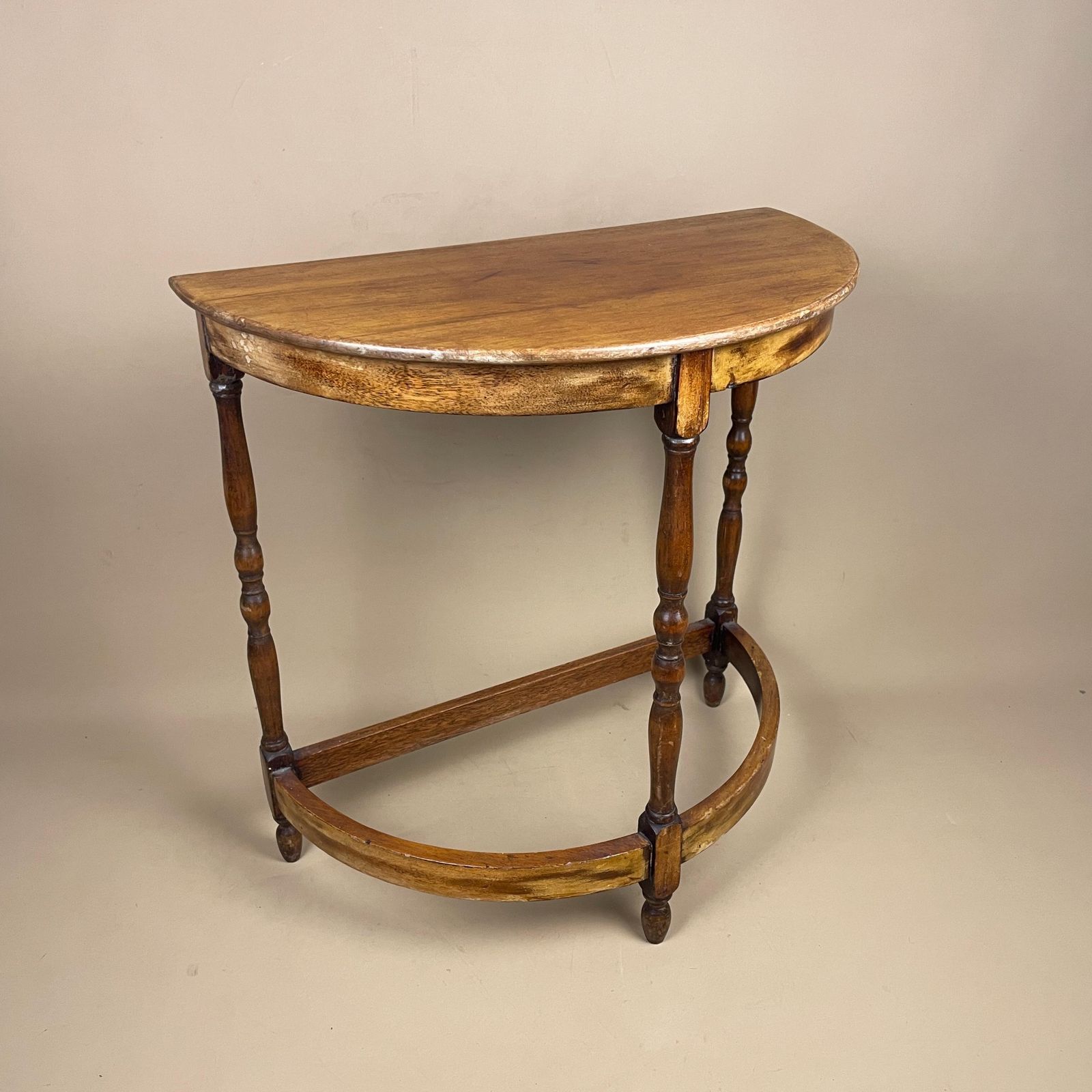 Vintage Semi Circle Console Table 1960s Brown Wooden Side Hallway Plant Stand Display Table Mid Century photo furniture