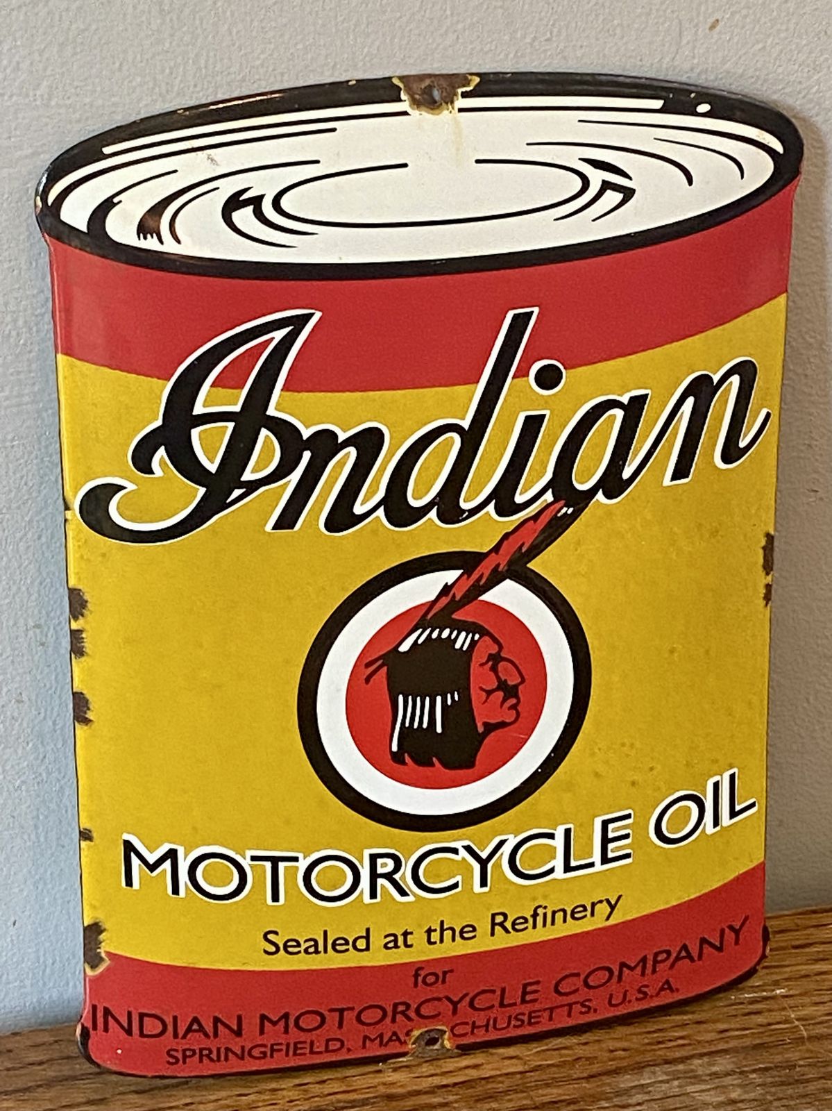 Rare Indian Motorcycle Oil Can Advertising Sign Enamel Motorbike Dealer Dealership Metal Sign Scout Indian Chief Indian Bobber Springfield photo for sale