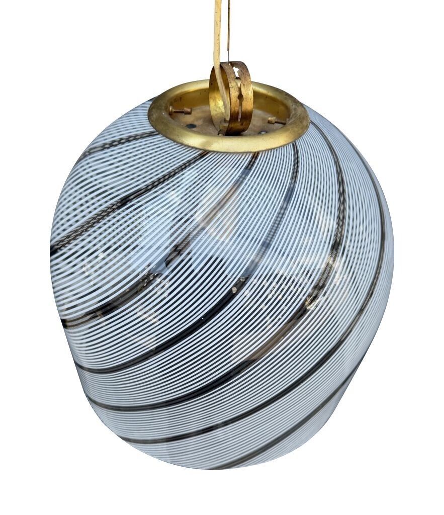 An Italian 1970s Large Murano Swirl Glass Pendant Light By Venini With Brass Top And Ceiling Rose. photo buy