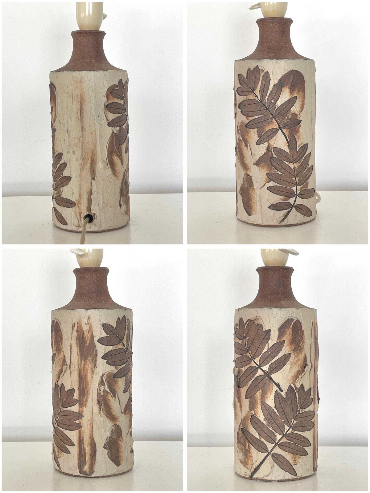 Ceramic Mid Century Table Lamp From Denmark With Plant Pattern And Earthy Colors With A White Fabric Shade photo vintage