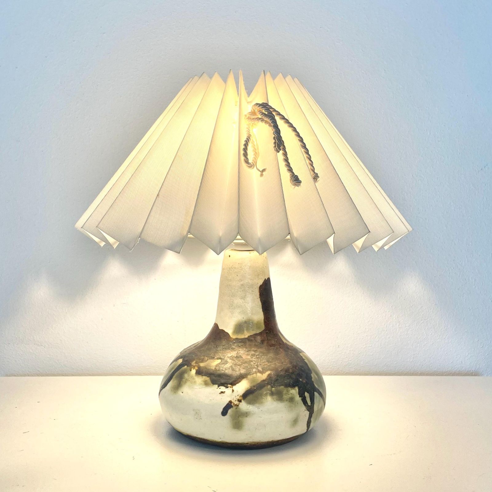 Vintage Ceramic Danish Mid Century Design Chunky Table Lamp In Organic Shape With Gorgeous Earth Toned Glaze And Purple Drum Shade