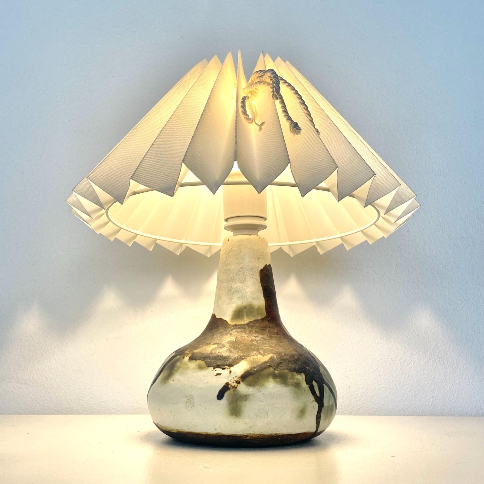 Vintage Ceramic Danish Mid Century Design Chunky Table Lamp In Organic Shape With Gorgeous Earth Toned Glaze And Purple Drum Shade photo furniture