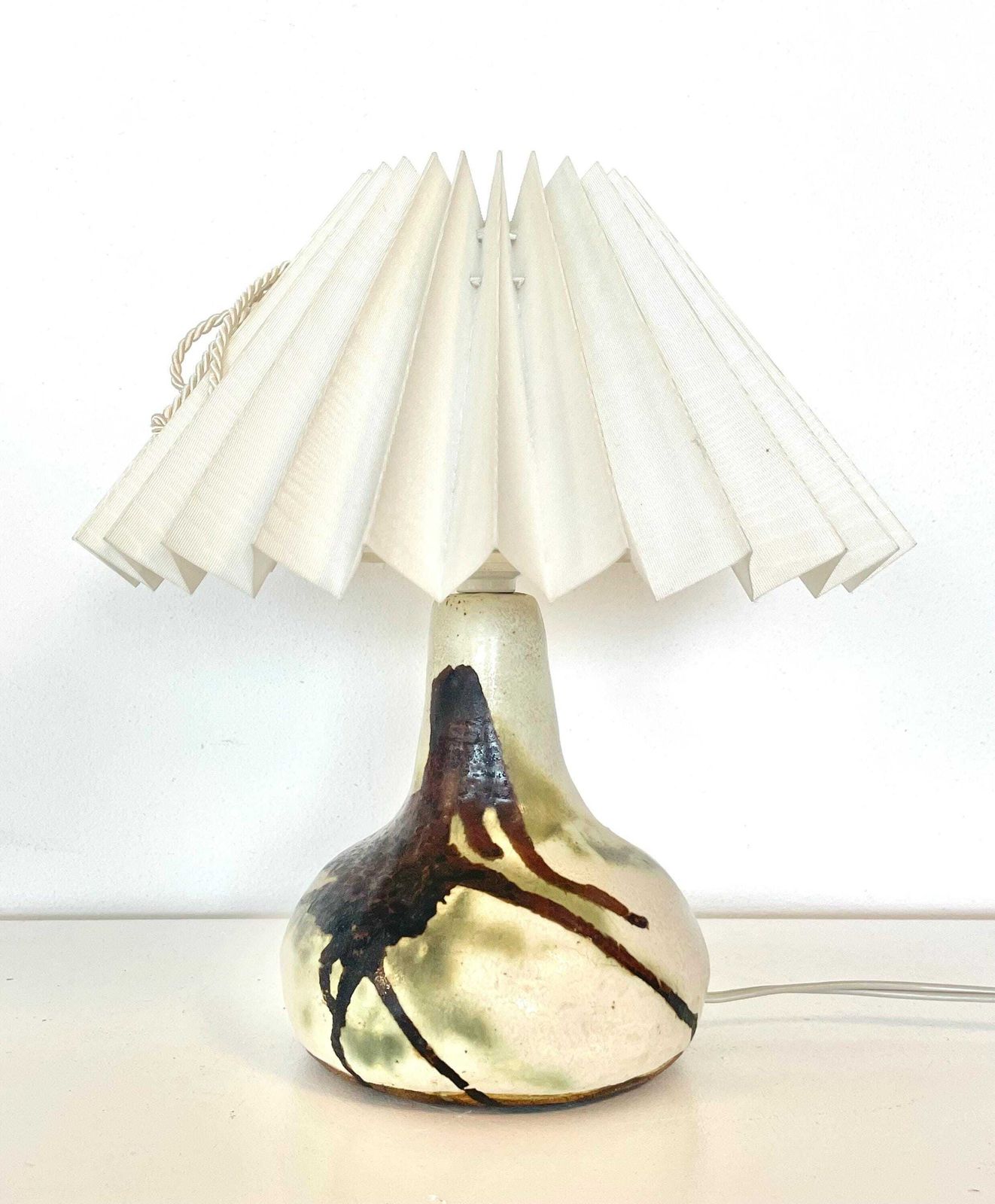 Vintage Ceramic Danish Mid Century Design Chunky Table Lamp In Organic Shape With Gorgeous Earth Toned Glaze And Purple Drum Shade photo 243.0