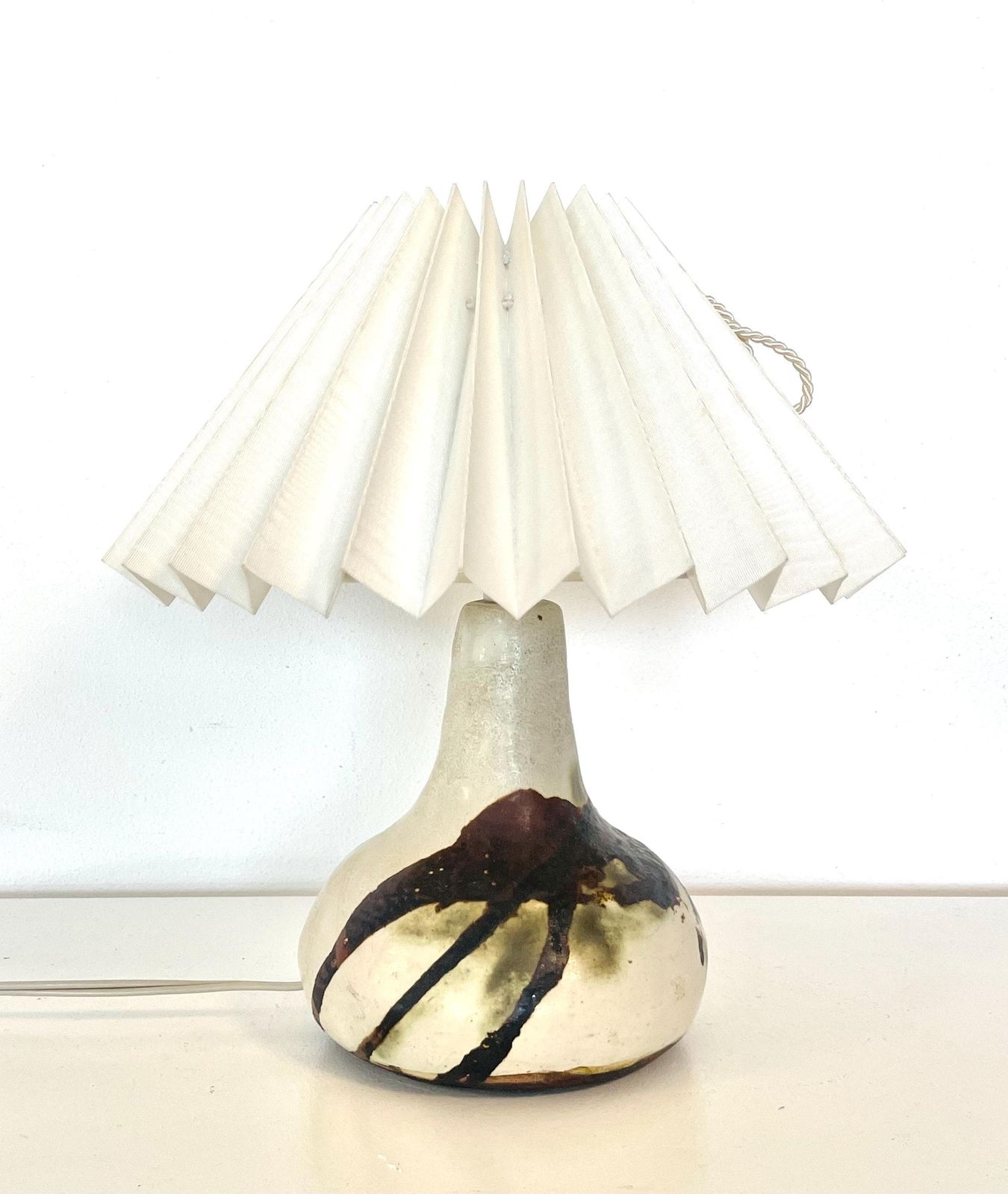 Vintage Ceramic Danish Mid Century Design Chunky Table Lamp In Organic Shape With Gorgeous Earth Toned Glaze And Purple Drum Shade photo vinterior