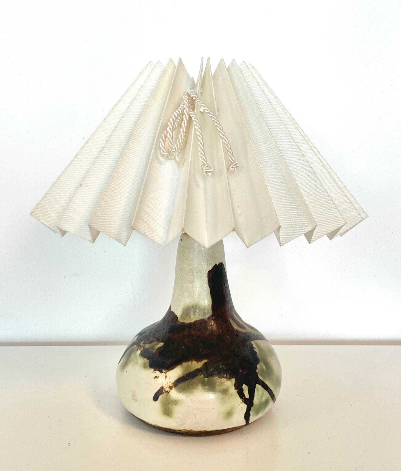 Vintage Ceramic Danish Mid Century Design Chunky Table Lamp In Organic Shape With Gorgeous Earth Toned Glaze And Purple Drum Shade photo buy