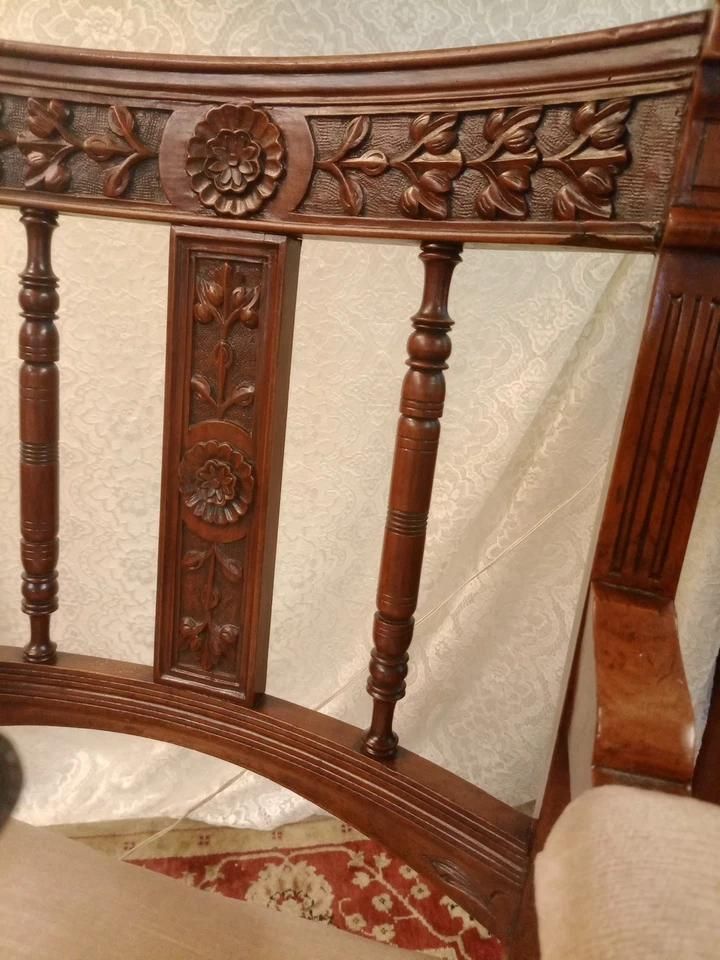 Antique Pair Of Arm Chairs With Wood Carving And Exquisite Upholstery photo vinterior