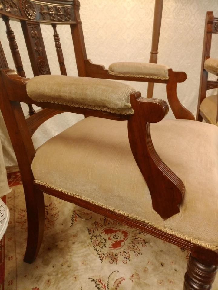 Antique Pair Of Arm Chairs With Wood Carving And Exquisite Upholstery photo vintage