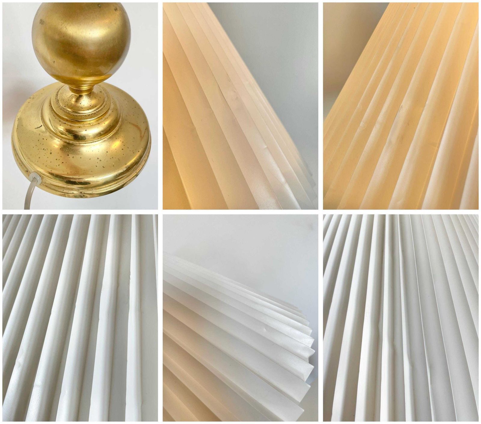 photo for sale Vintage Danish Mid Century Large Brass Design Table Lamp In Organic Shapes With Original Le Klint White Pleated Shade