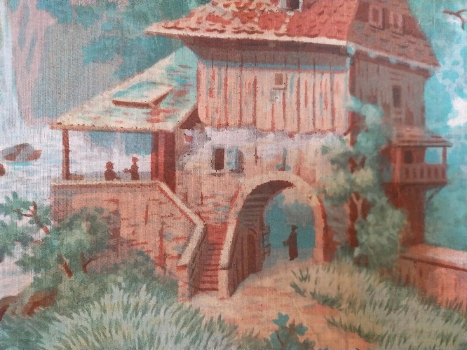19th Century Theatre Grass Juice Painting River Landscape Large Drape photo for sale
