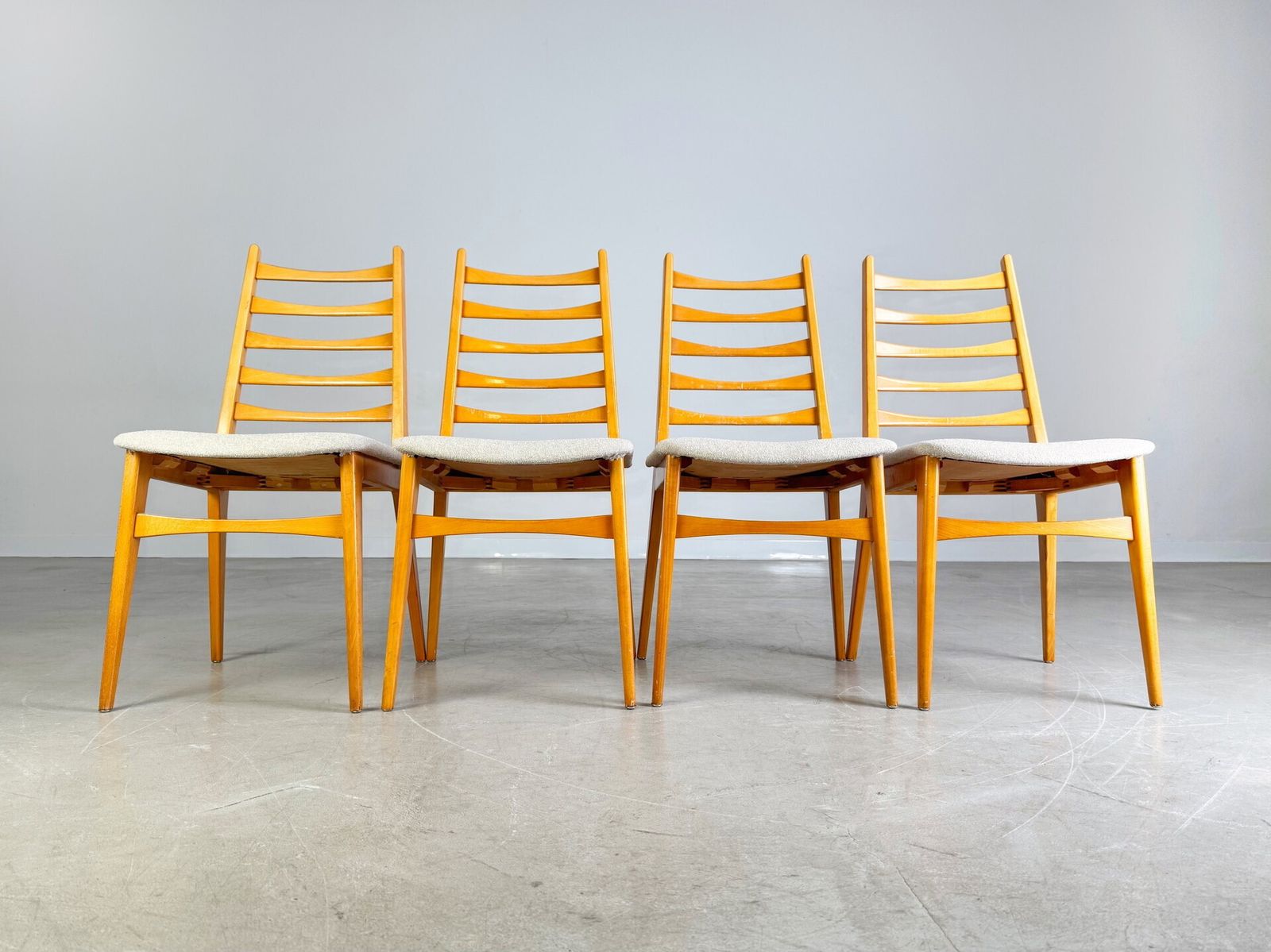 Set Of 4 Midcentury Chairs Vintage Wooden Chair 1960 Bouclé photo for sale