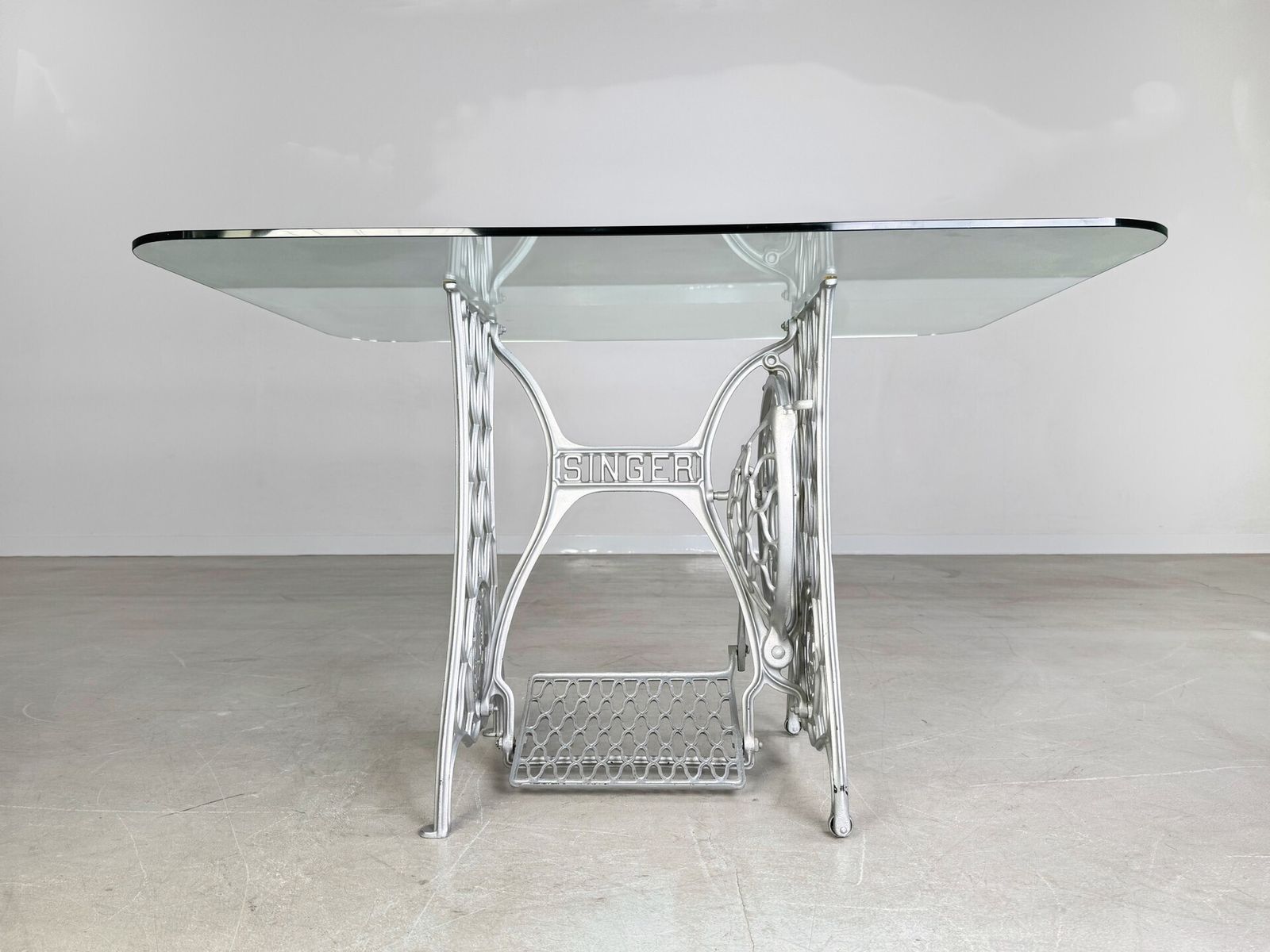 Midcentury Dining Table Glass Table Singer Sewing Machines Cast Iron Unique Piece photo for sale