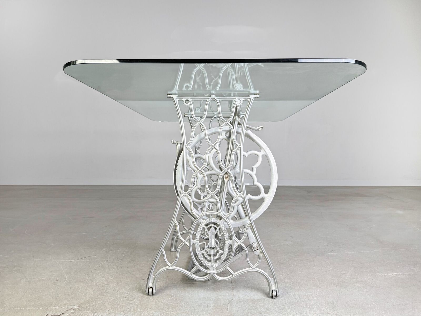 Midcentury Dining Table Glass Table Singer Sewing Machines Cast Iron Unique Piece photo Furniture