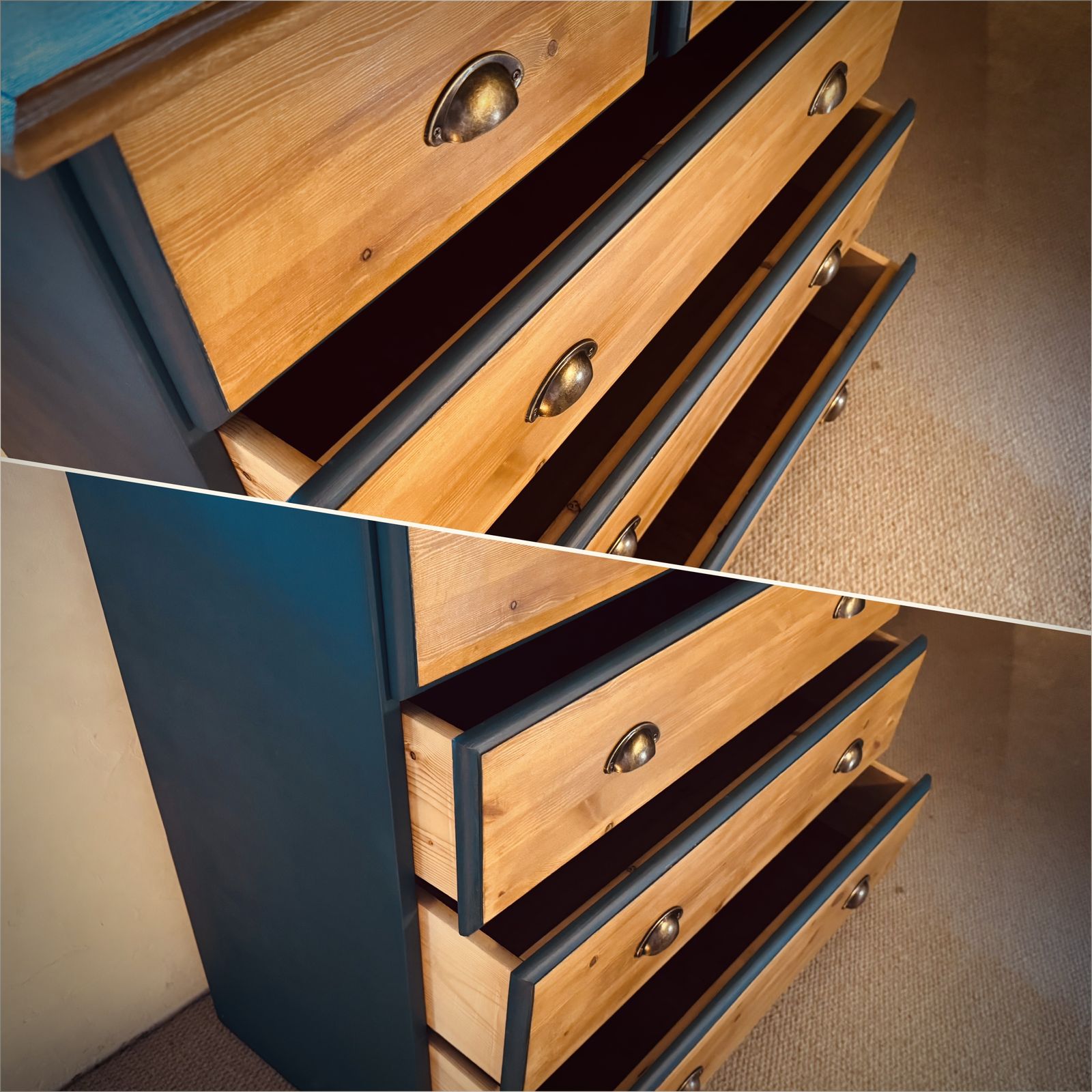 Beautiful Restored Blue Chest Of Drawers With Wood Accents. photo 215.0