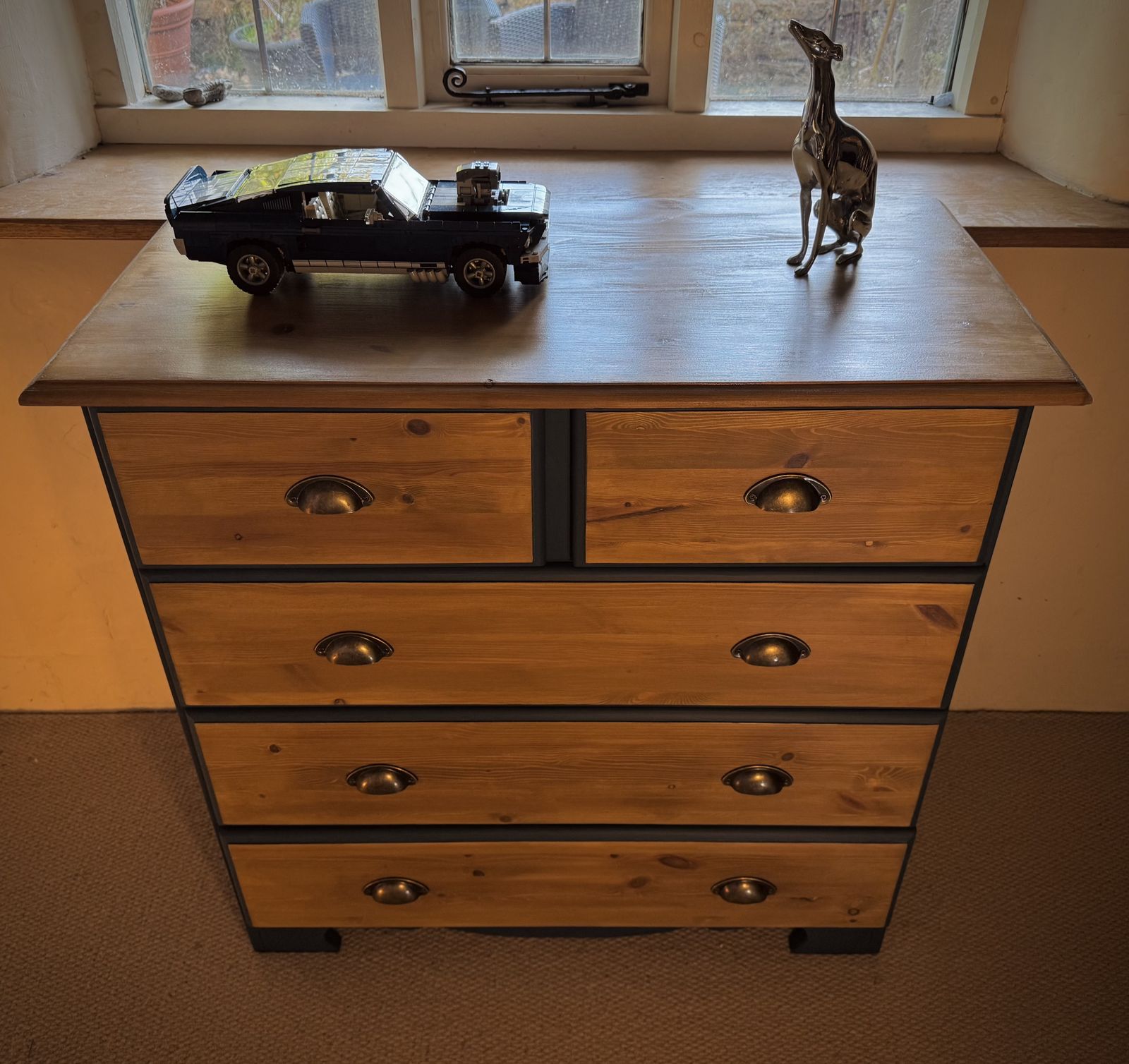 Beautiful Restored Blue Chest Of Drawers With Wood Accents. photo vintage