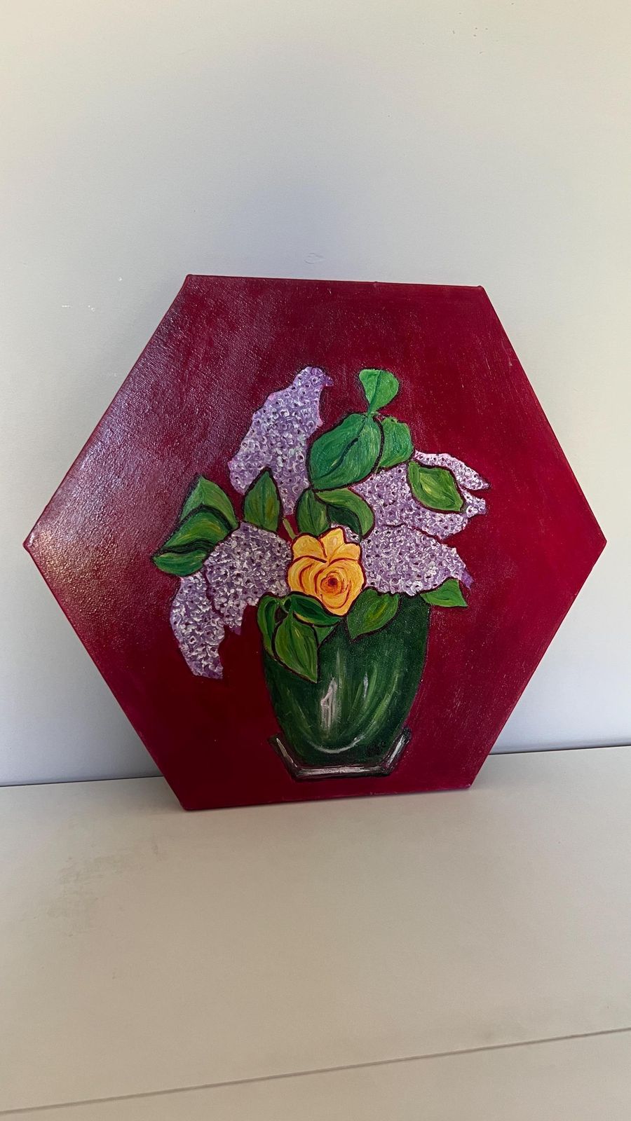 Contemporary Signed Floral Red Background Oil Painting On Unique Hexagonal Canvas