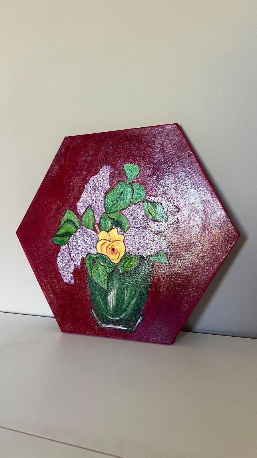 photo for sale Contemporary Signed Floral Red Background Oil Painting On Unique Hexagonal Canvas