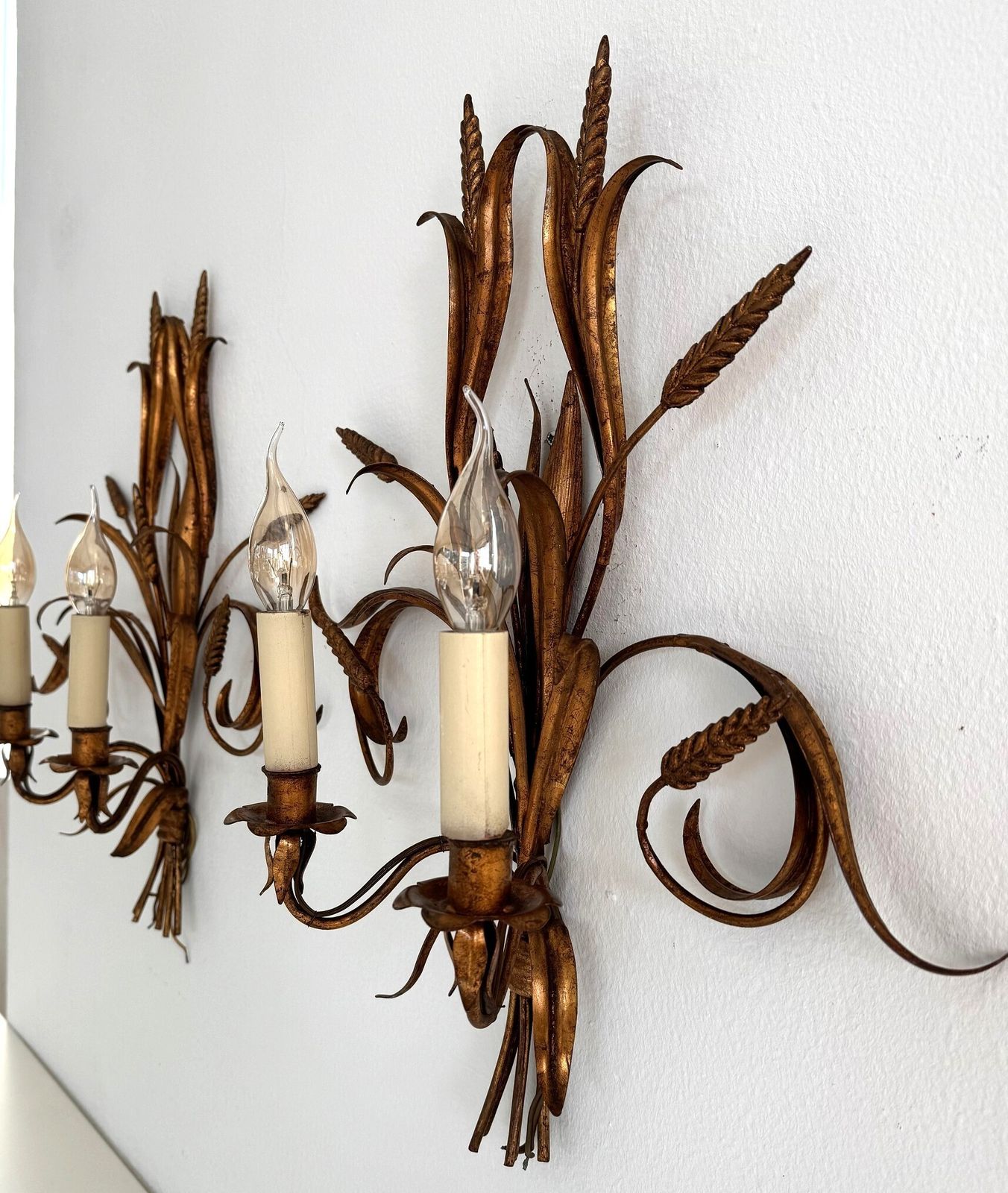 Pair Sheaf Of Wheat Sconces Hollywood Regency Gilt Metal By Hans Kögl, Italy 1960 photo vinterior