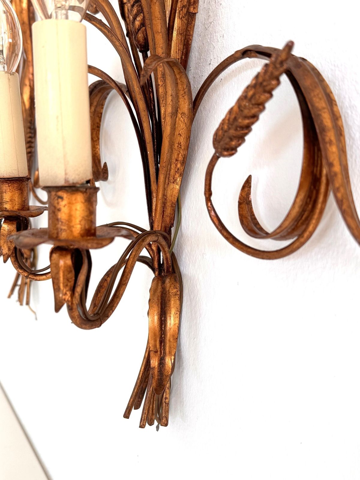 Pair Sheaf Of Wheat Sconces Hollywood Regency Gilt Metal By Hans Kögl, Italy 1960 photo vintage