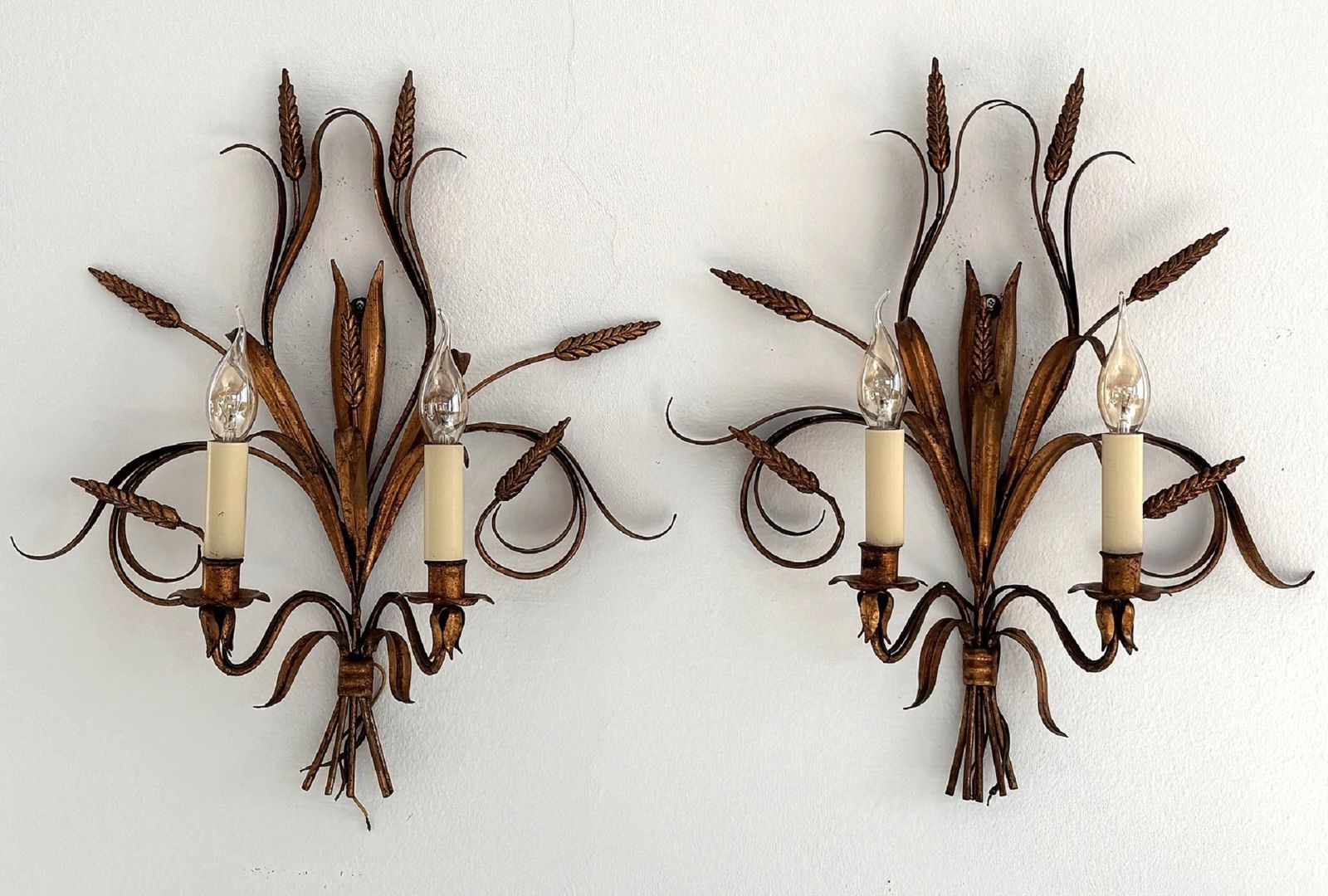 Pair Sheaf Of Wheat Sconces Hollywood Regency Gilt Metal By Hans Kögl, Italy 1960