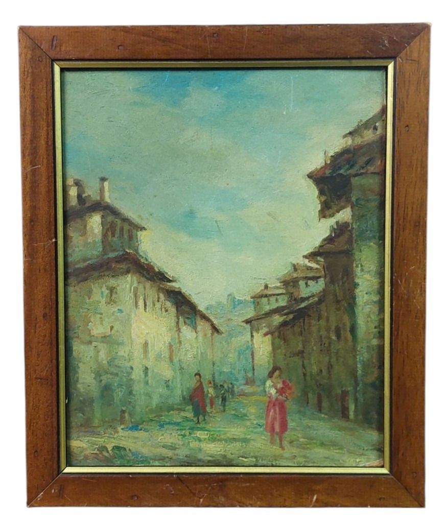 Antique Oil Painting On Faesites Early 900s Country Glimpse With Characters