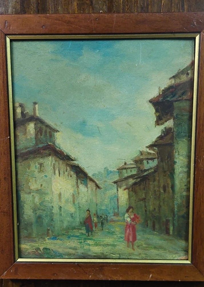 Antique Oil Painting On Faesites Early 900s Country Glimpse With Characters photo for sale