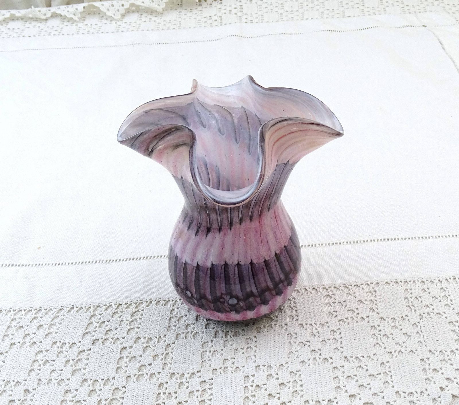 Vintage Mtarfa Maltese Studio Glass Cased Pastel Pink And Black Streaked Vase Signed Retro Handmade Studio Glassware From Valleta Malta