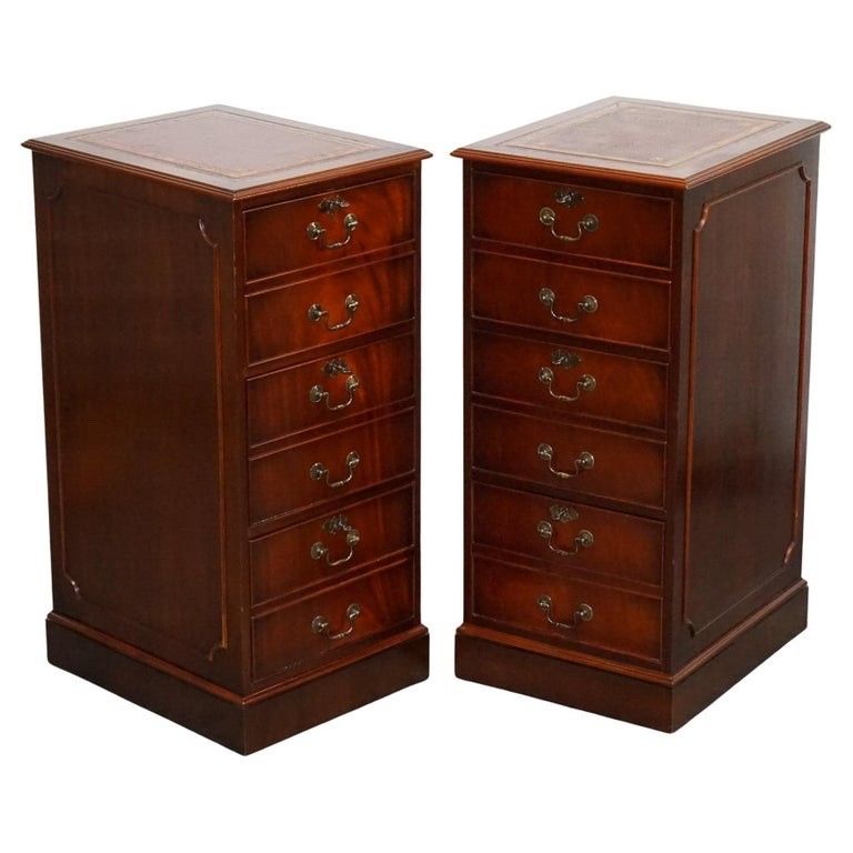 Pair Of Filling Cabinets Burgundy Leather Gold Embossed Top 3 Spacious Drawers