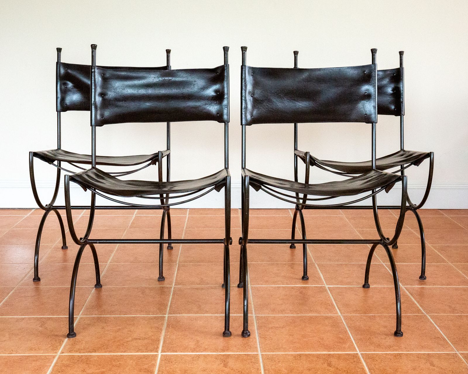 Furniture Leather Dining Chairs Wrought Iron Set Of 4 Vintage Spanish Curule Savonarola Hide Saddle Leather 1970s Rusti.C Classical photo