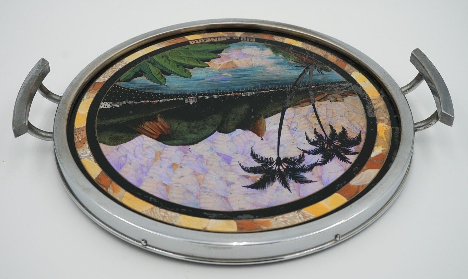 Vintage Circular Brazilian Rio De Janeiro Metal Tray Real Morpho Butterfly Wings photo vinterior