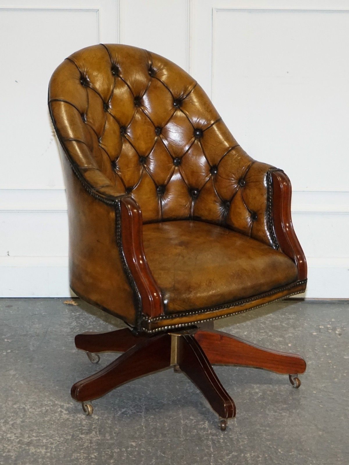 Antique Deep Buttoned Chesterfield Georgian Style Hand Dyed Leather Desk Chair photo furniture