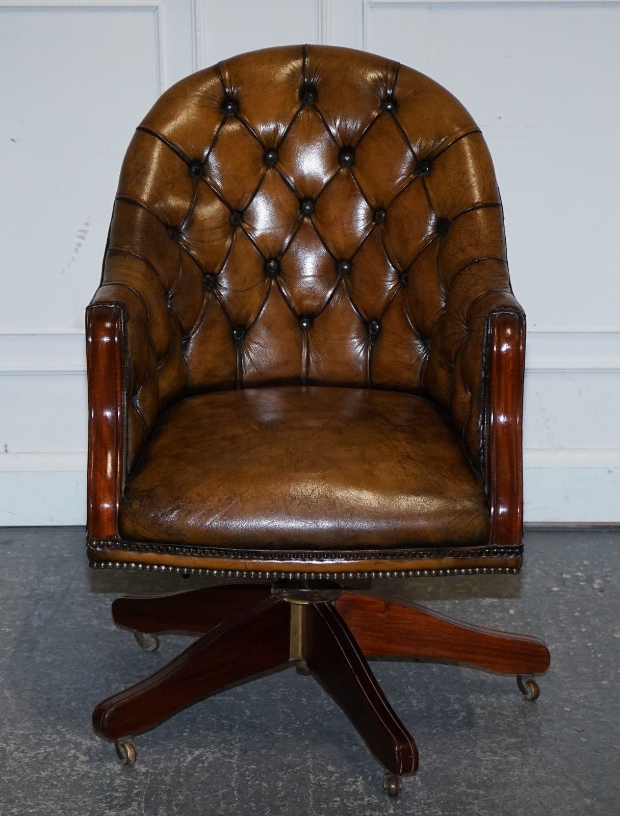 Antique Deep Buttoned Chesterfield Georgian Style Hand Dyed Leather Desk Chair photo Furniture