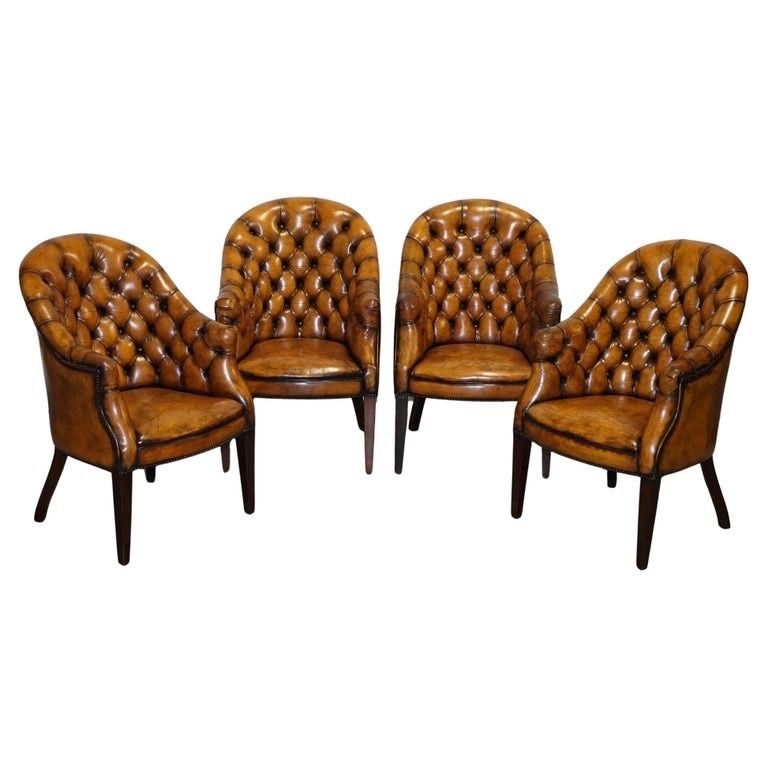 Set Of Four English Chesterfield Hand Dyed Leather Office Library Tub Chairs